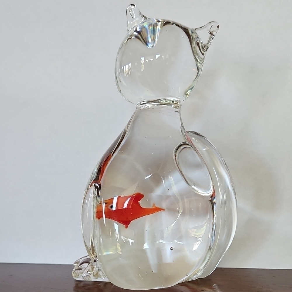 Whimsical Handblown Cat Sculpture Figurine with Orange Fish in Belly - Picture 3 of 5